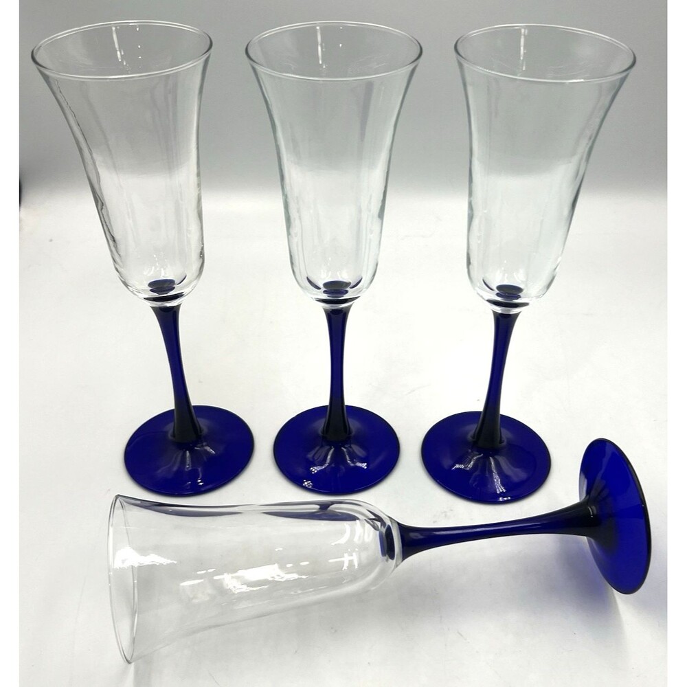 4 Champagne Flutes Luminarc Americana Cobalt Blue Stem Trumpet Vintage 8.75"